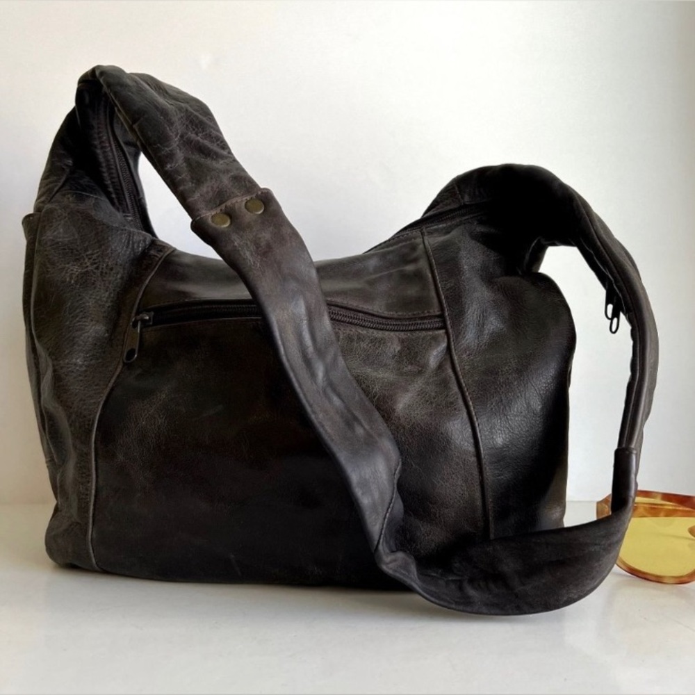 90s Brown Distressed Cargo Utility Sling Crossbody Genuine Leather Mexico Made B
